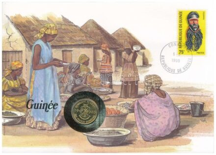 Guinea 1985. 10Fr-g felbélyegzett borítékban, bélyegzéssel, német nyelvű tájékoztatóval T:1 patina Guinea 1985. 10 Francs Guinéens in envelope with stamp, cancellation and a prospectus in german C:UNC patina