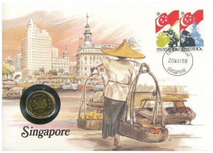 Szingapúr 1988. 1$ Al-Br felbélyegzett borítékban, bélyegzéssel, német nyelvű tájékoztatóval T:1 patina Singapore 1988. 1 Dollar Al-Br in envelope with stamp, cancellation and a prospectus in german C:UNC patina