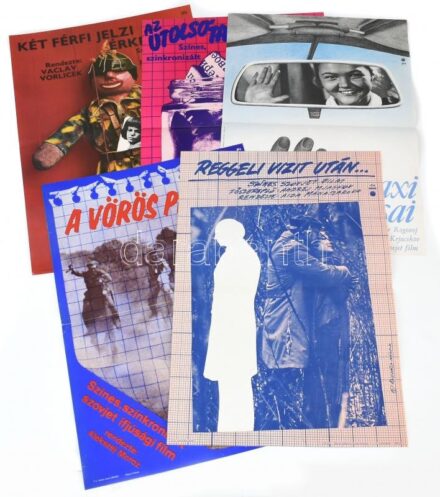 cca 1976-1980 5 db filmplakát: A taxi utasai, Az utolsó találkozás, Két férfi jelzi érkezését, Reggeli vizit után..., A vörös pecsét; MOKÉP-MAHIR (1080, 3160, 3240 pld.), hajtva, vegyes állapotban (egy sérült), 57x40 cm körüli