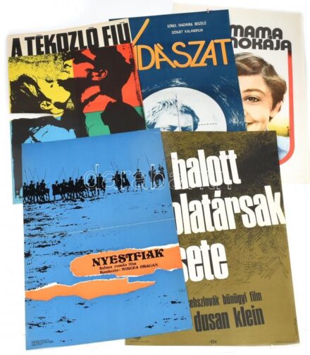 cca 1967-1979 5 db filmplakát: A tékozló fiú, A vadászat, A nagymama unokája, A halott iskolatársak esete, Nyestfiak; MOKÉP-MAHIR (közte 600 pld.), hajtva, vegyes állapotban (sérült is), 58x40 cm körüli méret