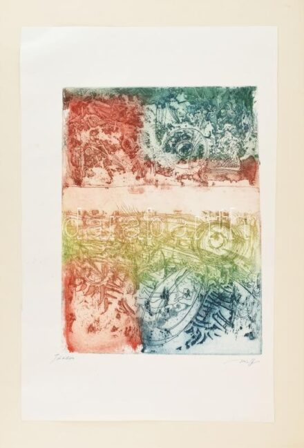 Hincz Gyula (1904-1986): Tükrözés. Színes rézkarc, papír, jelzett. Lap széle vágott és kissé foltos, papírra kasírozva. 33,5×25 cm.