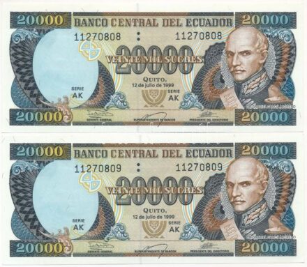 Ecuador 1999. 20.000S (2x, sorszámkövető) T:I Ecuador 1999. 20.000 Sucres (2x, consecutive serials) C:UNC Krause P#129
