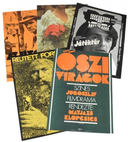 cca 1974-1981 5 db filmplakát: Játéktér, Először férjnél, Az utolsó töltény, Őszi virágok, Rejtett forrás; MOKÉP-MAHIR (közte 1240 pld.), hajtva, vegyes állapotban, 57x41 cm körüli méret