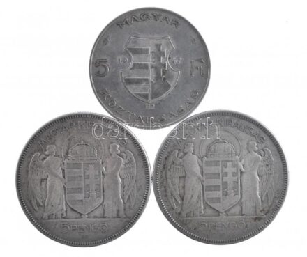 1930. 5P Ag 'Horthy jobbra' (2x) + 1947. 5Ft Ag 'Kossuth' T:2-,3 patina Adamo P8, F8.1