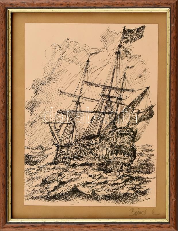 Olvashatatlan (Bíró?) jelzéssel:Vitorlás. Toll, papír. Üvegezett fakeretben, 20×15 cm
