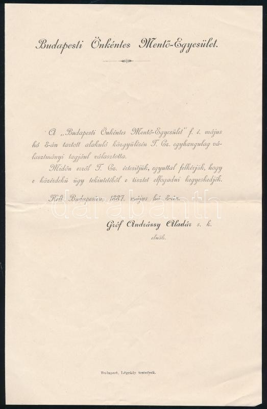 1887 Bp., A Budapesti Önkéntes Mentő-Egyesület elnökének gróf Andrássy Aladárnak nyomtatott levele