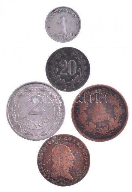 5db vegyes magyar, osztrák és német fémpénz, közte 1812B 1kr Cu 'I. Ferenc', 1868KB 4kr Cu T:2-3