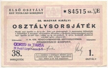 1937. '38. Magyar Királyi Osztálysorsjáték' 1/8 sorsjegye '84515', vízjeles papíron T:II