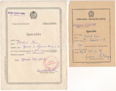 1949. 'Columbia Vegyiipar' 5 éves tervkölcsön igazolása 300Ft-ról + 1953. 'Böripari Központ' második békekölcsön igazolása 550Ft-ról T:III kis szakadások, folt