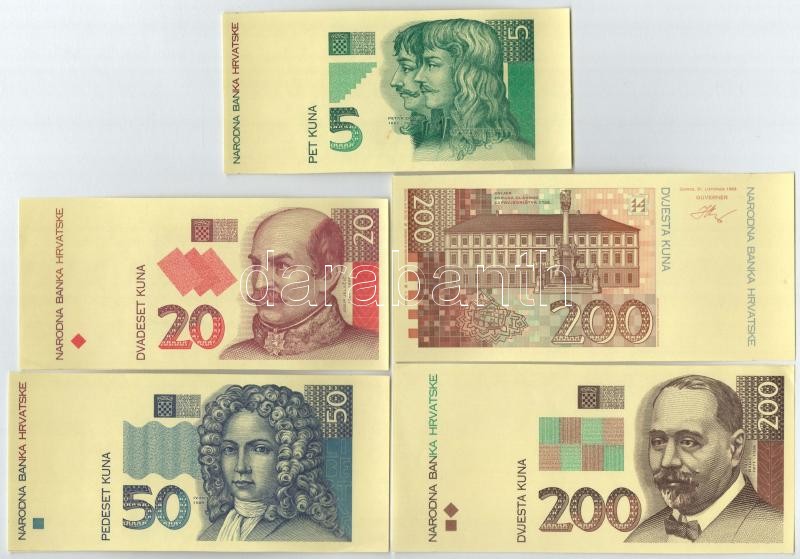 Horvátország 1993. 5K + 20K + 50K előlapi színpróba (3db) + 200K + 500K + 1000K előlapi és hátlapi színpróba (6db) T:I-II Croatia 1993. 5 Kuna + 20 Kuna + 50 Kuna all front color trial (3pcs) + 200K + 500K + 1000K all front and back color - Image 3