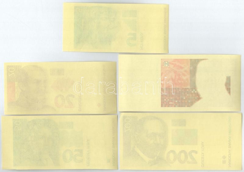 Horvátország 1993. 5K + 20K + 50K előlapi színpróba (3db) + 200K + 500K + 1000K előlapi és hátlapi színpróba (6db) T:I-II Croatia 1993. 5 Kuna + 20 Kuna + 50 Kuna all front color trial (3pcs) + 200K + 500K + 1000K all front and back color - Image 4
