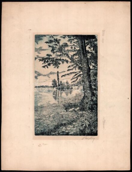 Olvashatatlan (Pásztory?) jelzéssel: Vízparti táj. Rézkarc, papír, széle kissé sérült, 19,5x12 cm