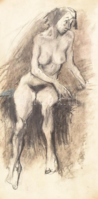 Jelzés nélkül: Női akt. Szén, kréta, papír, feltekerve, lap teteje kissé sérült, 61x29 cm