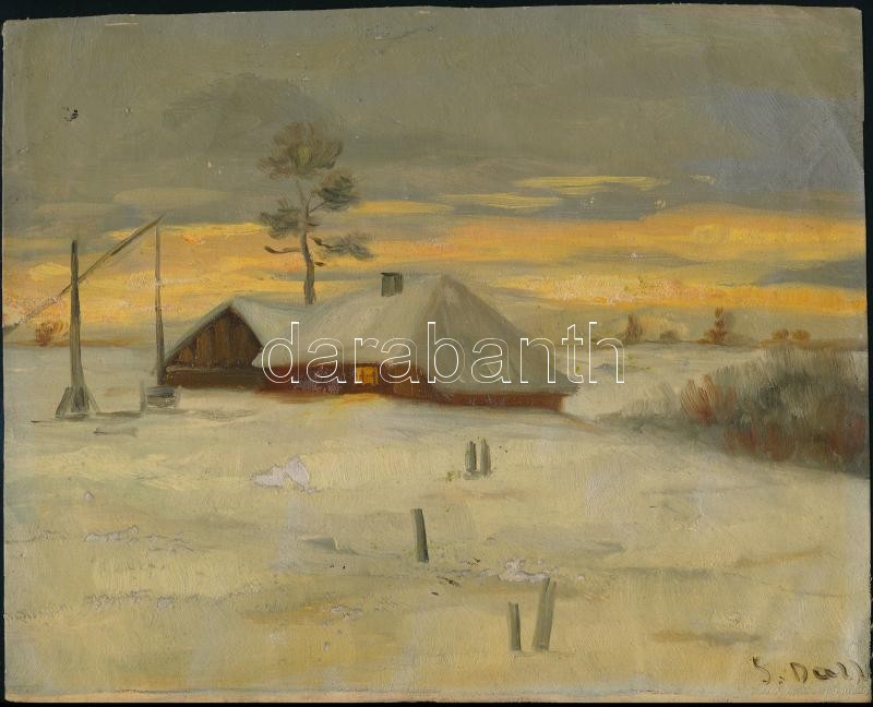 Olvashatatlan jelzéssel: Behavazott tanya. Olaj, vászon. Vakráma nélkül. 21x26 cm