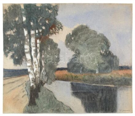 Markovic jelzéssel: Vízparti táj. Akvarell, papír, kartonra kasírozva, 47x57 cm