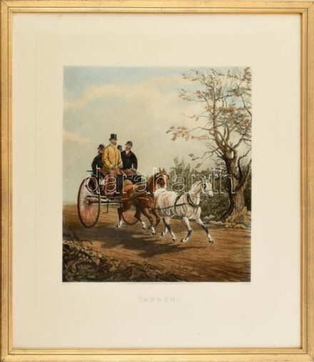 Henry Thomas Alken (1785-1851) után, Edward Gilbert Hester (1843-1903): Lovasfogat (tandem). Színes litográfia, papír, jelzett a metszeten. Utánnyomás a XX. sz. második feléből. Dekoratív, üvegezett fa keretben. 44×38 cm