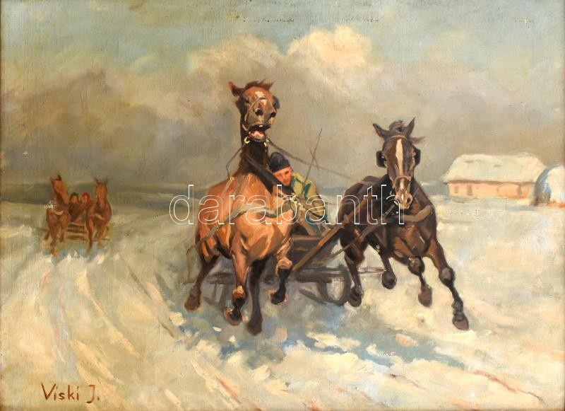 Viski János (1891-1987): Téli vágta. Olaj, vászon, jelzett. Bal felén apró felületi sérüléssel. Fa keretben, 60x80 cm / oil on canvas, signed, with minor surface damage on the left side.