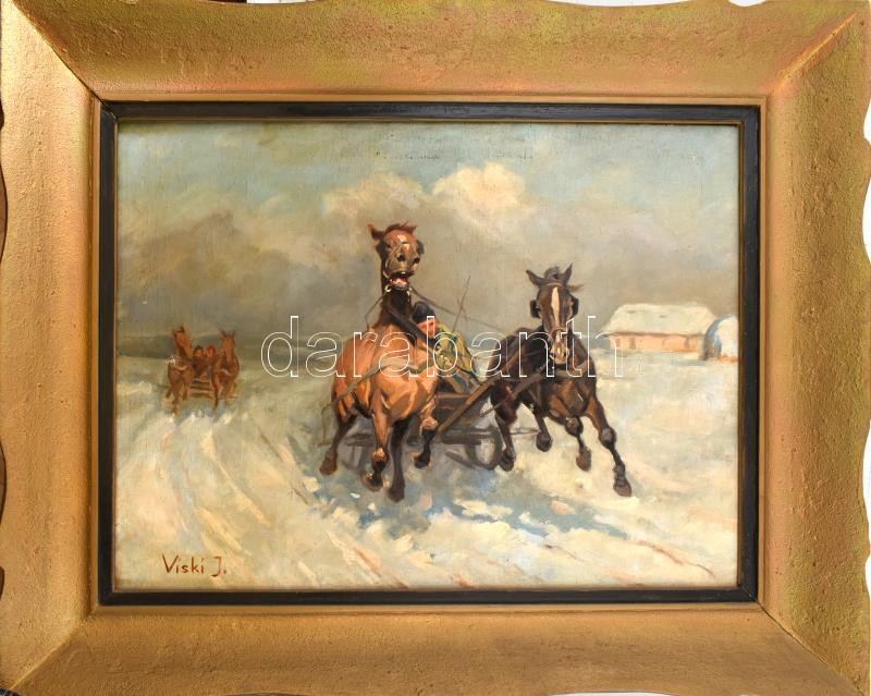 Viski János (1891-1987): Téli vágta. Olaj, vászon, jelzett. Bal felén apró felületi sérüléssel. Fa keretben, 60x80 cm / oil on canvas, signed, with minor surface damage on the left side. - Image 2