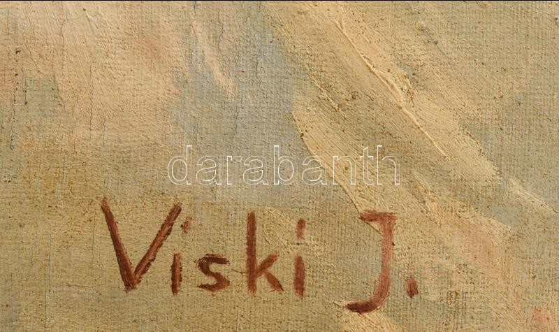 Viski János (1891-1987): Téli vágta. Olaj, vászon, jelzett. Bal felén apró felületi sérüléssel. Fa keretben, 60x80 cm / oil on canvas, signed, with minor surface damage on the left side. - Image 4