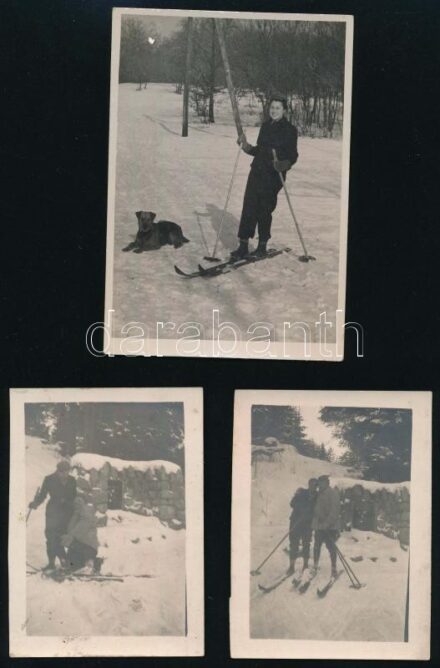 cca 1937 Síelők, 3 db fotó (közte feliratozott), 11,5x8 cm és 9x6,5 cm