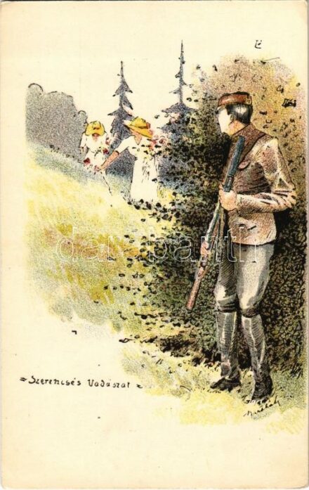 Selmecbánya, Schemnitz, Banská Stiavnica; Szerencsés vadászat. A Selmeci Diákéletből XIX. Studentika. Röttig-Romwalter nyomda rt. Sopron / Studentica art postcard s: Bartha L.