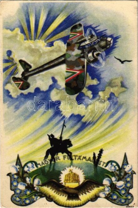 Magyar feltámadást! / Hungarian irredenta propaganda art postcard, military aircraft s: Bozó