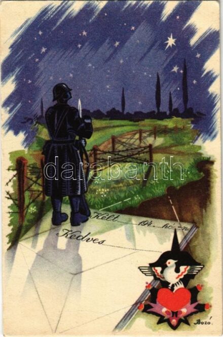 Magyar katonai művészlap / WWII Hungarian military art postcard with Hungarian irredenta propaganda s: Bozó