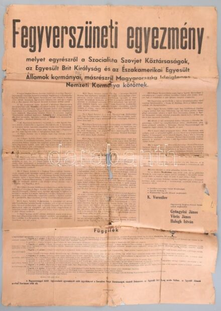 1945 Moszkva, fegyverszüneti egyezmény, nagyméretű hirdetmény, szakadásokkal