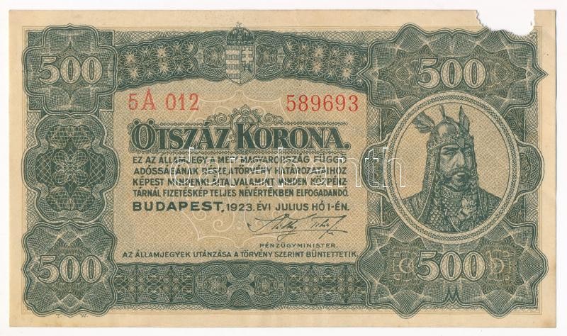 1923. 500K '5A 012 589693' nyomdahely jelölés nélkül T:II-anyagihány Adamo K34