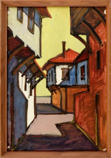 Nagypál jelzéssel: Utcarészlet. Olaj, papír, jelezve jobbra lent (halványan). Üvegezett fakeretben. 45x33 cm.