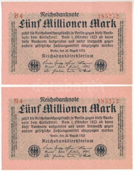 Németország / Weimari Köztársaság 1923. 5.000.000M (2x) sorszámkövetők 'B4 185272 - B4 185273' T:II Germany / Weimar Republic 1923. 5.000.000 Mark (2x) consecutive serials 'B4 185272 - B4 185273' C:XF