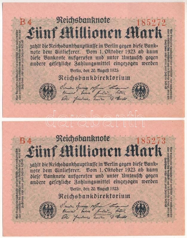 Németország / Weimari Köztársaság 1923. 5.000.000M (2x) sorszámkövetők 'B4 185272 - B4 185273' T:II Germany / Weimar Republic 1923. 5.000.000 Mark (2x) consecutive serials 'B4 185272 - B4 185273' C:XF