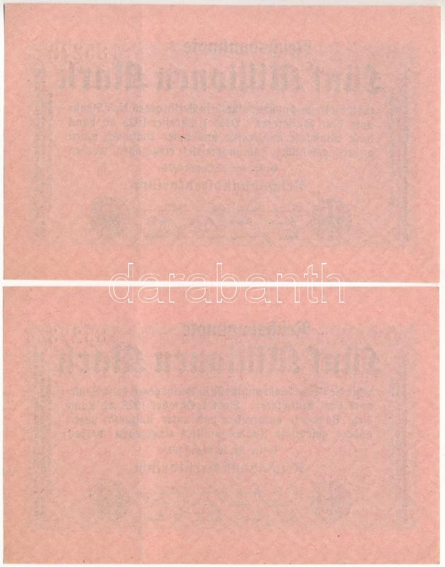 Németország / Weimari Köztársaság 1923. 5.000.000M (2x) sorszámkövetők 'B4 185272 - B4 185273' T:II Germany / Weimar Republic 1923. 5.000.000 Mark (2x) consecutive serials 'B4 185272 - B4 185273' C:XF - Image 2