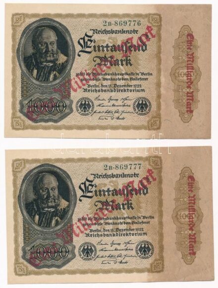 Német Birodalom / Weimari Köztársaság 1922. 1000M 'Eine Milliard Mark' felülnyomással (2x) sorszámkövetők '2B 869776 - 2B 869777' T:I-,II German Empire / Weimar Republic 1922. 1000 Mark with 'Eine Milliard Mark' overprint (2x) consecutive