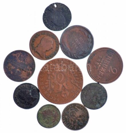 Ausztria 1781A 1/4kr Cu 'II. József' + 1781F 1kr 'II. József' + 1783F 1/2kr Cu 'II. József' + 1812. 1/2kr Cu 'I. Ferenc' + 1800A 6kr Cu 'I. Ferenc' + 1851. 1/2kr Cu + 1851A 1kr Cu + 1851. 2kr Cu + 1859A 5/10kr Cu + 1859A 1kr Cu T:2-,3 Austria