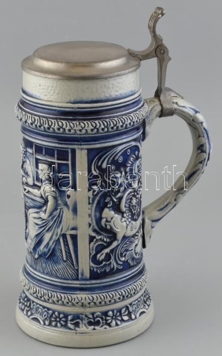 Német steinzeug, ónfedeles sörös korsó, jelzett, kopott, m:27cm