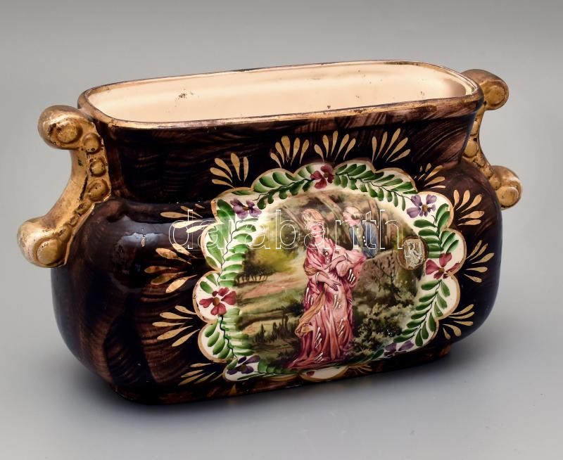 Belga jardinere, kézzel festett fajansz, jelzett, kopott, h:30cm, m:16cm