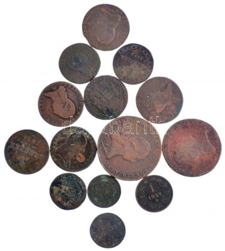 1763. Rézdénár 'Mária Terézia / zárt korona' + 1782B 1/4kr Cu 'II. József' + 1800B 1kr Cu 'I. Ferenc' (2x) + 1800G 1kr Cu 'I. Ferenc' + 1800E 3kr Cu 'I. Ferenc' + 1800S 6kr Cu 'I. Ferenc' + 1812S 1/2kr Cu 'I. Ferenc' (2x) + 1812S 1kr Cu 'I.