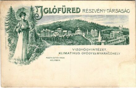 1907 Iglófüred, Spisská Nová Ves Kupele, Novovesské Kúpele; Iglófüred Részvény-Társaság Vízgyógyintézet, klimatikus gyógy- és nyaralóhely. Czettel és Deutsch R.T. Szecessziós reklámlap / spa, bath advertisement with lady. Art