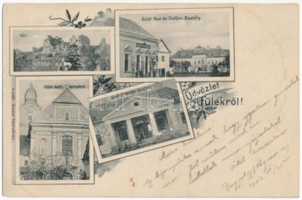 1903 Fülek, Filakovo; vár, Római katolikus templom, Gróf Cebrián és Stefáni kastély, Fő út, Andor Testvérek üzlete és saját kiadása / castles, church, main street, publisher's shop. Art Nouveau, floral (fl)