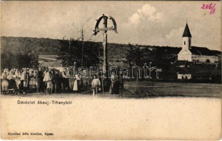 Hernádtihany, Abaújtihany, Abaúj-Tihany, Téhány, Tahanovce; látkép, templom, kereszt. Nyulászi Béla kiadása / general view, church, cross (r)