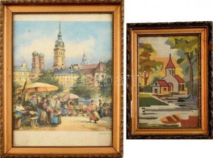 2 db dekoratív, üvegezett fakeret, egyik szövetképpel, másik a müncheni Viktualienmarktot ábrázoló nyomattal. Kisebbik javított. Belső méret: 23x15,5 és 33x24,6 cm