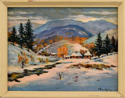Olvashatatlan jelzéssel: Kárpátaljai téli táj. Tempera, vászon. Kissé sérült fakeretben, 25x32,5 cm