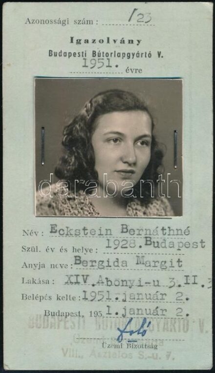 1951 Budapesti Bútorlapgyártó Vállalat fényképes igazolványa