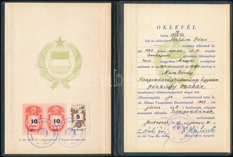 1957 Közgazdász oklevél és leckekönyv - Image 3