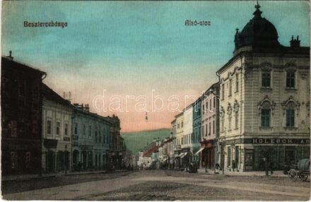 1912 Besztercebánya, Banská Bystrica; Alsó utca, Holesch Árpád és Holesch Ottó üzlete, Gyógyszertár. Ivánszky Elek utóda kiadása / street view, shops, pharmacy (vágott / cut)