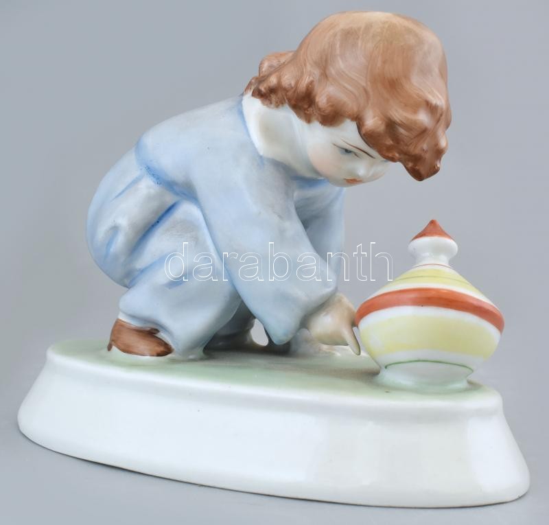 Zsolnay búgócsigás kisfiú, kézzel festett, jelzett (Sinkó András), hibátlan, 15,5×8,5×12 cm