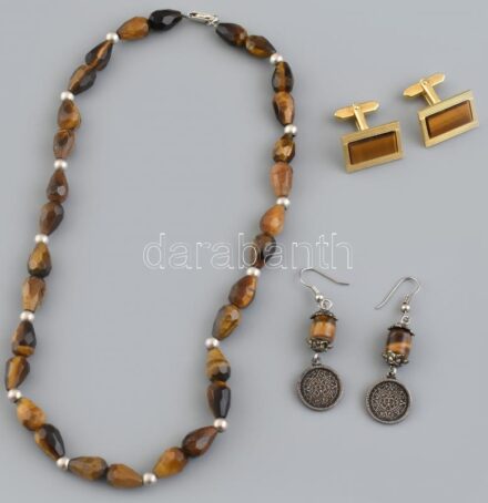 Tigrisszem nyaklánc ezüst szerelékkel, hozzá fülbevaló és mandzsettagomb