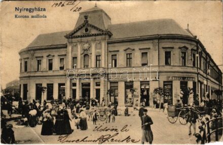 1906 Nyíregyháza, Korona szálloda, Kovács András, Szarvady Mihály üzlete, piac. Fekete kiadása (b)
