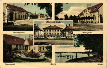 Fadd, Széchenyi utca, Római katolikus iskola, Községháza, Postahivatal, Strand, fürdőzők (EK)